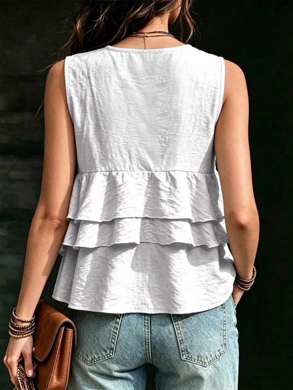 White Casual Women's Tank Elegant ruffled Tank Top - Picture 2 of 6